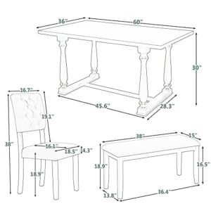 6 Pieces Dining Table Chair Set, Rectangle Dining Table with 4 Upholstered Chairs & a Bench, Wood Kitchen Table Chairs Set for 6 Persons, Modern Style Dining Room Set (Gray+ Beige)