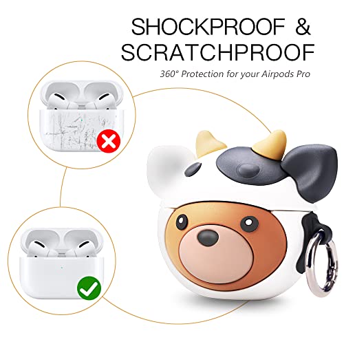 Cute Cases Made of Silicone for AirPods Pro Case | Cute AirPod Pro Case | Silicone Airpods Pro Cover with Keychain | Cute Earbud Case Apple Airpod Pro for Kids Teens Girls Boys (Bear in Cow Hat)