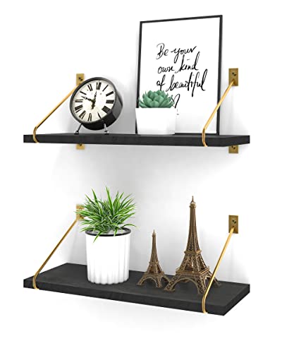 Godimerhea Black Floating Shelves for Wall, Set of 2 Wall Mounted Hanging Wood Shelf with Gold Brackets, Modern Luxury Decor Organizers Storage Shelves for Bathroom, Living Room, Bedroom