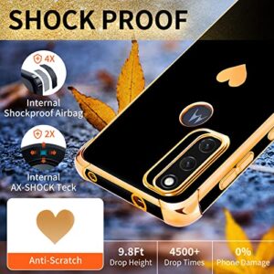 Shorogyt (3in1 Heart Case for Motorola Moto G Pure 2021 6.5 Inch Women Cute Aesthetic Love Hearts Pattern Girls Black Gold Luxury Girly Design Phone Cases Cover+Screen+Chain for G Pure 2021