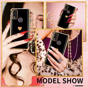 Shorogyt (3in1 Heart Case for Motorola Moto G Pure 2021 6.5 Inch Women Cute Aesthetic Love Hearts Pattern Girls Black Gold Luxury Girly Design Phone Cases Cover+Screen+Chain for G Pure 2021