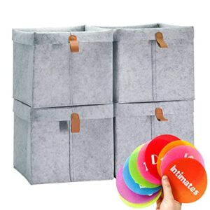 mililove 4pcs felt storage basket 9x9x10 inch cube, fabric cloth storage bin, collapsible organizer basket with handle for cloth toys underwears bedroom playroom office (with free decorations)