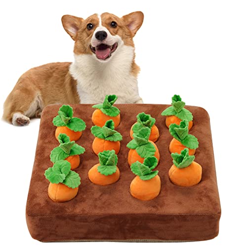 IVVIQQ Interactive Dog Toys，Carrot Snuffle Mat for Dogs Plush Puzzle Toys 2 in 1 Non-Slip Nosework Feed Games Pet Stress Relief with 12 Carrots