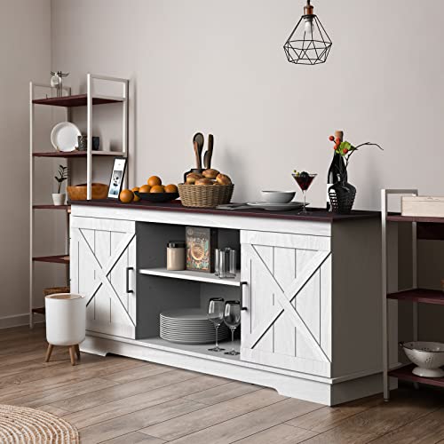 YITAHOME Buffet Cabinet, 59.5“ Farmhouse Sideboard Buffet Storage Cabinet with Barn Door Coffee Bar Cabinet with Capacity 300 lbs for Home Dinning Living Room, Grey White/Espresso, 26“ Height