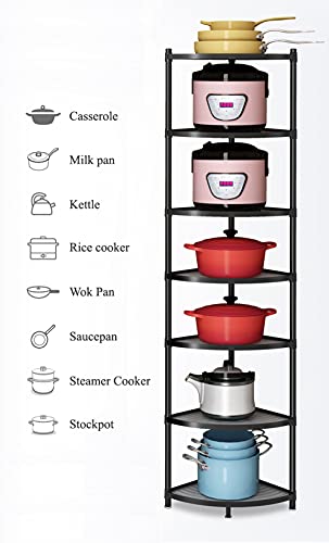 ZIGAMA 7-Tier Kitchen Corner Shelf Adjustable Pot Rack, Cookware Free Standing Storage Organizer ，Pot and Pans Tower Metal Shelves for Kitchen