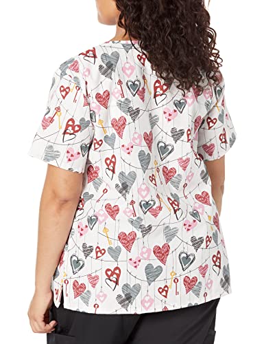 24|7 Comfort Scrubs Women's 24/7 Comfort Plus Size V-Neck Scrub Top with Pockets, Key to Heart White, 2X