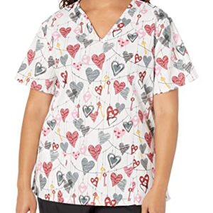 24|7 Comfort Scrubs Women's 24/7 Comfort Plus Size V-Neck Scrub Top with Pockets, Key to Heart White, 2X