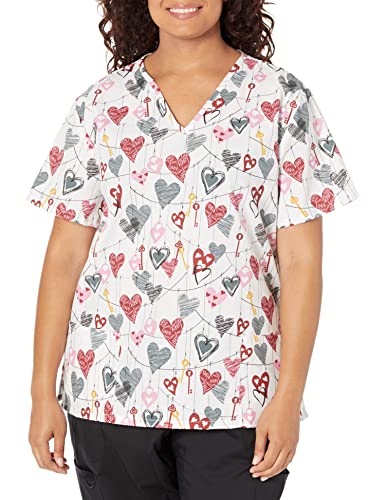 24|7 Comfort Scrubs Women's 24/7 Comfort Plus Size V-Neck Scrub Top with Pockets, Key to Heart White, 2X