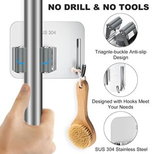 Drek Crek Mop Broom Holder Wall Mounted Heavy Duty No Drill, Adhesive Mop Broom Organizer, 304 Stainless Steel Mop Hanger Wall Mount Stick on w Hooks for Bathroom,Kitchen,Closet,Garage,Garden, 4PCS