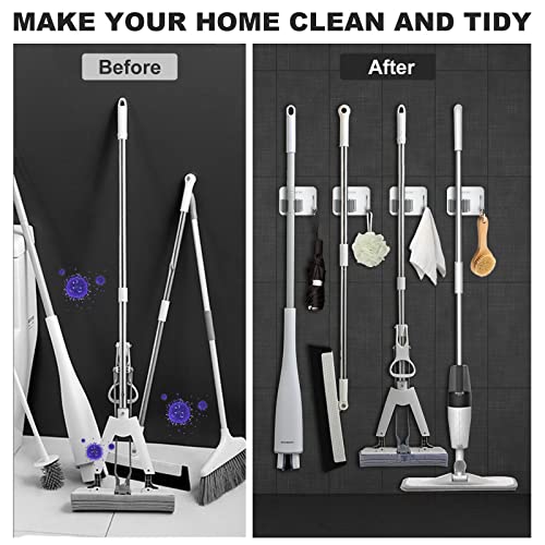 Drek Crek Mop Broom Holder Wall Mounted Heavy Duty No Drill, Adhesive Mop Broom Organizer, 304 Stainless Steel Mop Hanger Wall Mount Stick on w Hooks for Bathroom,Kitchen,Closet,Garage,Garden, 4PCS