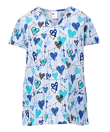 24|7 Comfort Scrubs Women's 24/7 Comfort V-Neck Scrub Top with Pockets, Key to Heart Blue, Large