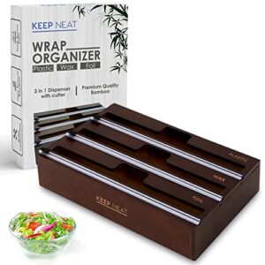 keep neat foil and plastic wrap dispenser 3 in 1 wrap organizer with labeled slots, dark brown