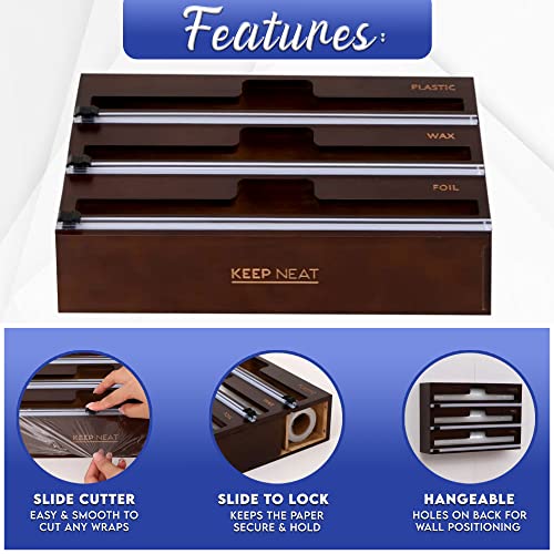KEEP NEAT Foil and Plastic Wrap Dispenser 3 in 1 Wrap Organizer with labeled slots, Dark Brown
