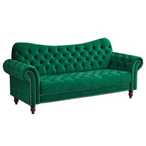 instory velvet sofa traditional couch tufted loveseat with wooden legs for living room, office, bedroom - green