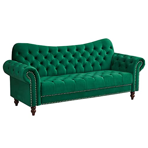 INSTORY Velvet Sofa Traditional Couch Tufted Loveseat with Wooden Legs for Living Room, Office, Bedroom - Green