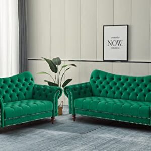 INSTORY Velvet Sofa Traditional Couch Tufted Loveseat with Wooden Legs for Living Room, Office, Bedroom - Green