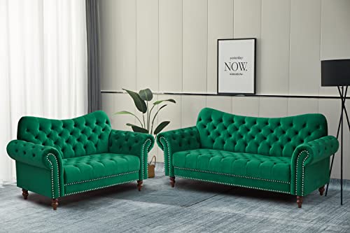 INSTORY Velvet Sofa Traditional Couch Tufted Loveseat with Wooden Legs for Living Room, Office, Bedroom - Green