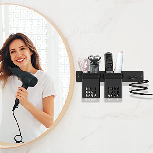 RIUOTA Hair Dryer Holder, Hair Tool Organizer, Blow Dryer Holder Wall Mounted, Hair Dryer Organizer, Storage Bracket with Plug Hook & Cup for Bathroom Hotel Bedroom