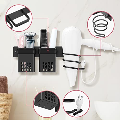 RIUOTA Hair Dryer Holder, Hair Tool Organizer, Blow Dryer Holder Wall Mounted, Hair Dryer Organizer, Storage Bracket with Plug Hook & Cup for Bathroom Hotel Bedroom