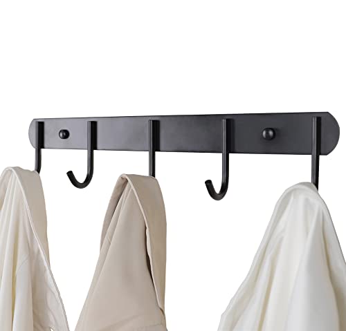 Encozy Coat Rack Wall Mounted - 5 Hooks, Heavy Duty, Stainless Steel, Metal Coat Hook Rail for Coat Hat Towel Purse Robes (Heavy Duty Black 2pc)