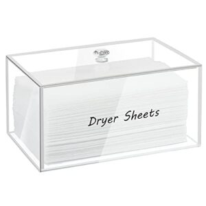 dryer sheet holder, dryer sheet dispenser, acrylic container storage box for laundry room organization, holds dryer sheets, dryer balls, clothes pins, laundry pods
