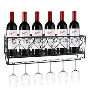 wine rack wall mounted with wine glass holder - metal hanging wine rack with wine aerator pourer, wall wine rack for wine storage, black wine rack for kitchen bar shelves, holds 6 bottles & 5 glasses