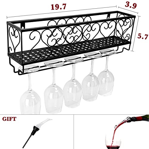 Wine Rack Wall Mounted with Wine Glass Holder - Metal Hanging Wine Rack with Wine Aerator Pourer, Wall Wine Rack for Wine Storage, Black Wine Rack for Kitchen Bar Shelves, Holds 6 Bottles & 5 Glasses