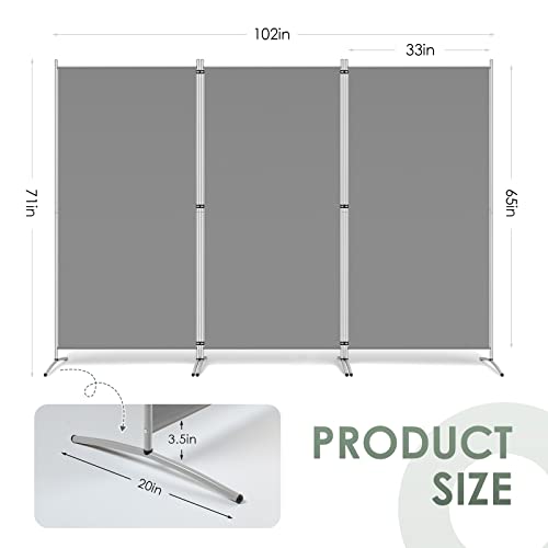 RANTILA 3 Panel Room Divider, 6 Ft Tall Folding Privacy Screen Freestanding Room Partition Wall Dividers, 102''W x 20''D x 71''H, Grey