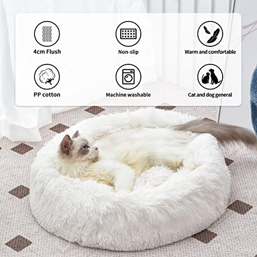 Aalklia Cat Bed Calming Soft Indoor,Washable,Anti-Slip Bottom,Cozy Plush Anti-Anxiety Fluffy Cuddler,20",White