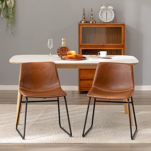 HeuGah Dining Chairs,Faux Leather Dining Chairs Set of 2,18 Inch Kitchen & Dining Room Chairs,Mid Century Modern Dining Chairs with Backrest,Metal Legs,Upholstered Seat (Brown)