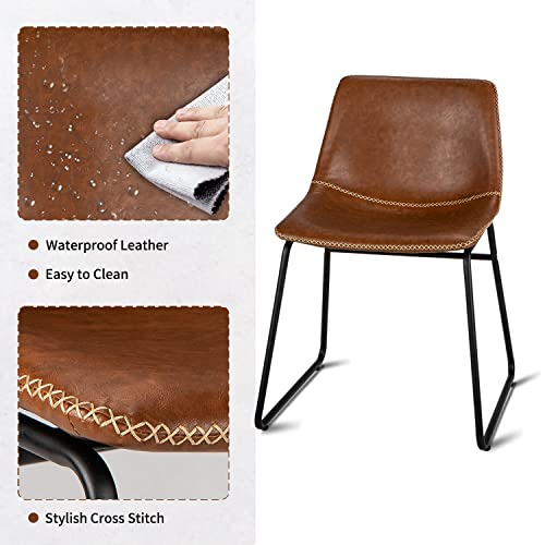 HeuGah Dining Chairs,Faux Leather Dining Chairs Set of 2,18 Inch Kitchen & Dining Room Chairs,Mid Century Modern Dining Chairs with Backrest,Metal Legs,Upholstered Seat (Brown)