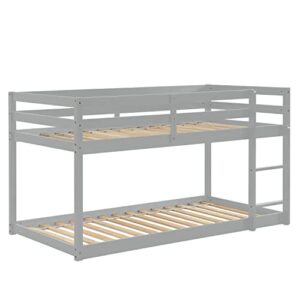 Majnesvon Twin Over Twin Low Bunk Bed with Safety Guardrail, Climbing Ladder, Easy to Assemble, Saving Space, Bed Bedroom Storage Guard Rail Ladder(Gray)