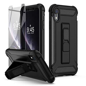 oretech kickstand for iphone xr case, with[2 x tempered glass screen protector] 5 in 1 military grade shockproof protective silicone tpu bumper+hard pc slim thin iphone xr phone case-black