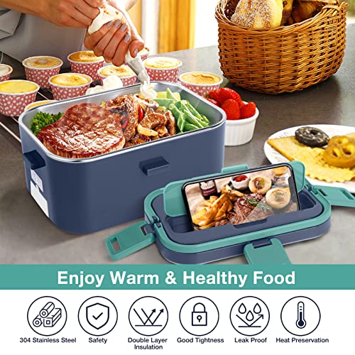 LHMTQVK Electric Lunch Box, Portable Food Warmer, Heated Lunch Box, Lunch Containers Lunch Warmer for Adults, 60W 1.8L 12V-24V 110V 3-in-1 Portable Microwave Food Heater (Green+Royal blue)