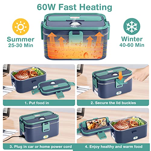 LHMTQVK Electric Lunch Box, Portable Food Warmer, Heated Lunch Box, Lunch Containers Lunch Warmer for Adults, 60W 1.8L 12V-24V 110V 3-in-1 Portable Microwave Food Heater (Green+Royal blue)