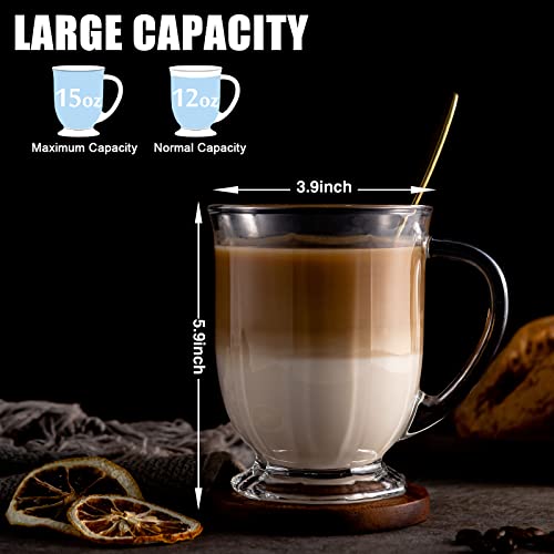 Claplante Glass Coffee Mugs Set of 8, 15 oz Large Capacity Glass Coffee Mugs with Handles, Clear Coffee Mug with 8 Spoon, Large Glass Mugs, Glass Coffee Cups for Latte, Espresso Coffee, Juice, Tea