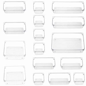 16 pcs clear plastic drawer organizers set,5-size versatile bathroom and vanity drawer organizer trays, storage bins for makeup, jewelries, kitchen utensils and office