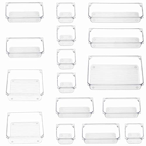 16 PCS Clear Plastic Drawer Organizers Set,5-Size Versatile Bathroom and Vanity Drawer Organizer Trays, Storage Bins for Makeup, Jewelries, Kitchen Utensils and Office