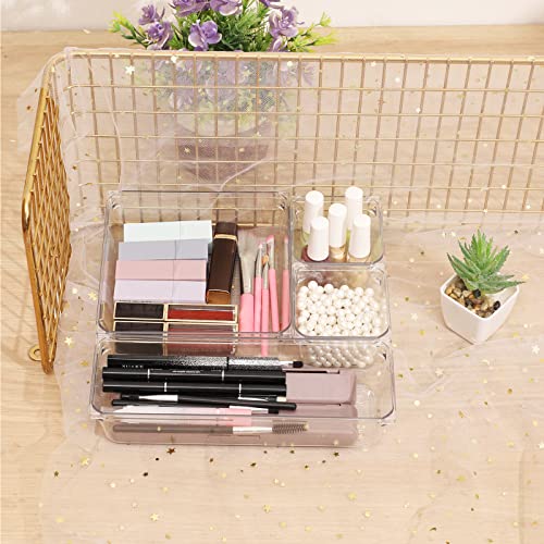 16 PCS Clear Plastic Drawer Organizers Set,5-Size Versatile Bathroom and Vanity Drawer Organizer Trays, Storage Bins for Makeup, Jewelries, Kitchen Utensils and Office