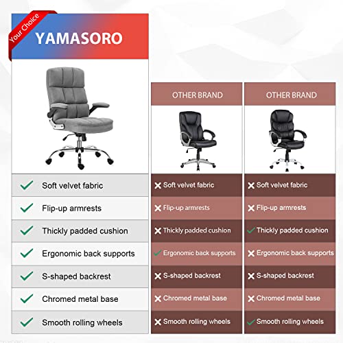 YAMASORO Velvet Office Chairs High Back Executive Chair with Flip-up Arms Home Office Desk Chair with Wheels for Adult (Grey)