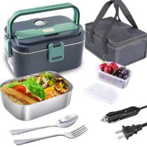 szlgang electric lunch box food heater, [2022 upgraded] 60w portable food warmer for car & home, 1.8l removable container with fork & spoon and carry bag, leak proof, dual power supply 12v 24v 110v