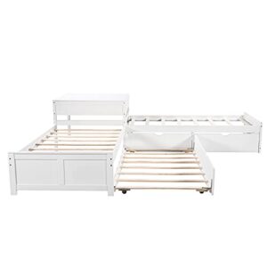 P PURLOVE L Shaped Twin Platform Bed with 2 Drawers, Wooden Platform Bed Frame with Trundle, Platform Bed with Built-in Square Table, Easy Assembly, No Box Spring Required, White