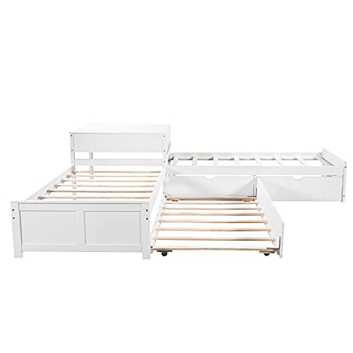 P PURLOVE L Shaped Twin Platform Bed with 2 Drawers, Wooden Platform Bed Frame with Trundle, Platform Bed with Built-in Square Table, Easy Assembly, No Box Spring Required, White