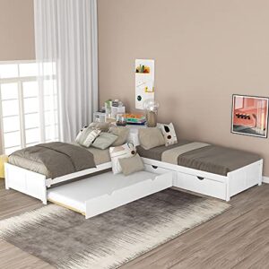 p purlove l shaped twin platform bed with 2 drawers, wooden platform bed frame with trundle, platform bed with built-in square table, easy assembly, no box spring required, white