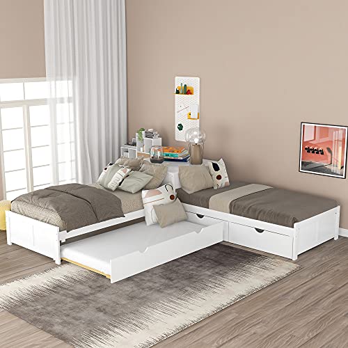 P PURLOVE L Shaped Twin Platform Bed with 2 Drawers, Wooden Platform Bed Frame with Trundle, Platform Bed with Built-in Square Table, Easy Assembly, No Box Spring Required, White