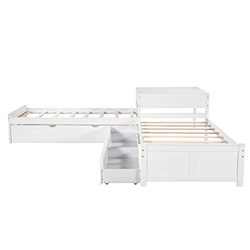 P PURLOVE L Shaped Twin Platform Bed with 2 Drawers, Wooden Platform Bed Frame with Trundle, Platform Bed with Built-in Square Table, Easy Assembly, No Box Spring Required, White