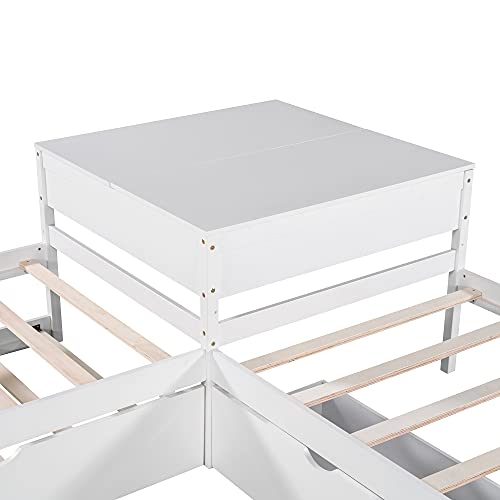 P PURLOVE L Shaped Twin Platform Bed with 2 Drawers, Wooden Platform Bed Frame with Trundle, Platform Bed with Built-in Square Table, Easy Assembly, No Box Spring Required, White