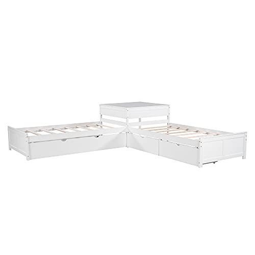 P PURLOVE L Shaped Twin Platform Bed with 2 Drawers, Wooden Platform Bed Frame with Trundle, Platform Bed with Built-in Square Table, Easy Assembly, No Box Spring Required, White