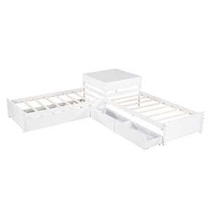 P PURLOVE L Shaped Twin Platform Bed with 2 Drawers, Wooden Platform Bed Frame with Trundle, Platform Bed with Built-in Square Table, Easy Assembly, No Box Spring Required, White