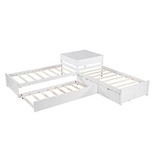 P PURLOVE L Shaped Twin Platform Bed with 2 Drawers, Wooden Platform Bed Frame with Trundle, Platform Bed with Built-in Square Table, Easy Assembly, No Box Spring Required, White